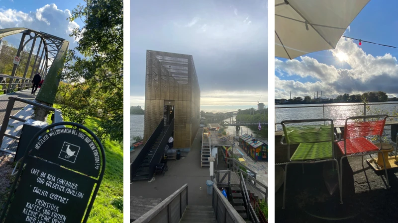Collage: Eingang zum Café Entenwerder, Blick über den Ponton, Stühle mit Ausblick auf die Elbe