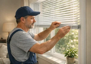 Handwerker montiert eine Jalousie an einem Fenster