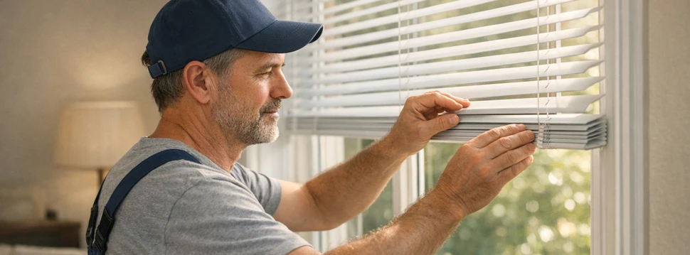 Handwerker montiert eine Jalousie an einem Fenster