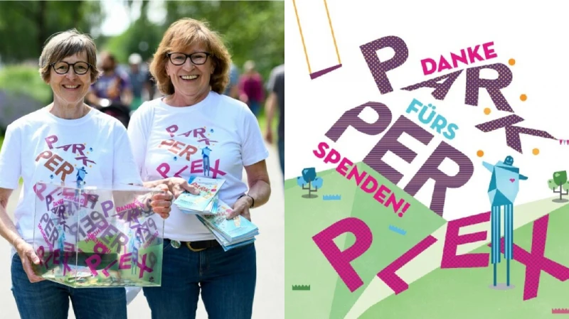2 Mitorganisatorinnen von ParkPerPlex mit Spendenbox und Logo