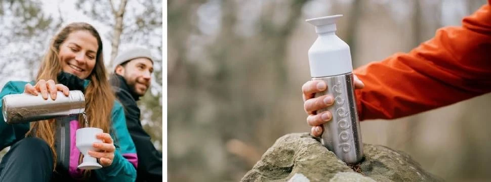 Insulated Silver Trinkflasche von Dopper Eine Frau schenkt sich Wasser aus einer Thermosflasche in einen Becher ein