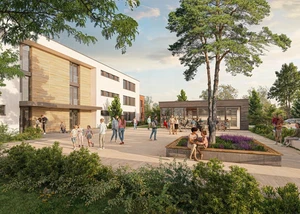 Menschen und Familien vor einen modernem Wohnbauprojekt