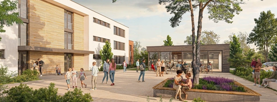 Menschen und Familien vor einen modernem Wohnbauprojekt