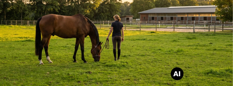 Eine Frau steht mit einem grasenden Pferd auf einer Wiese (KI-generiert)