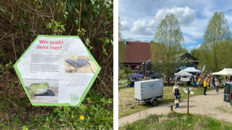 Informationstafel "Wer quakt denn hier?" und Blick auf das Gelände von Gut Karlshöhe
