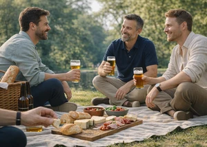 drei Männer mit Biergläsern beim Picknick im Park