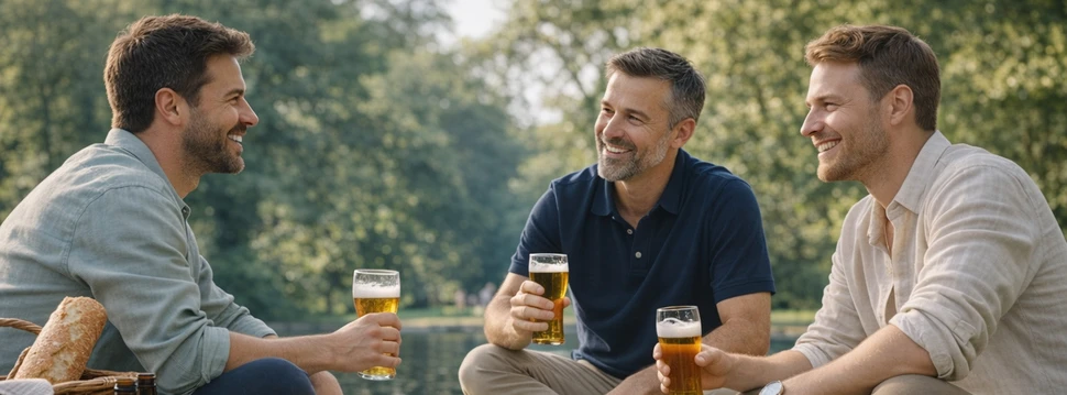 drei Männer mit Biergläsern beim Picknick im Park