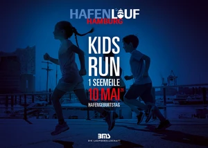 KeyVisual Hafenlauf Hamburg 2026 mit laufenden Kindern vor einem blauen Hintergrund