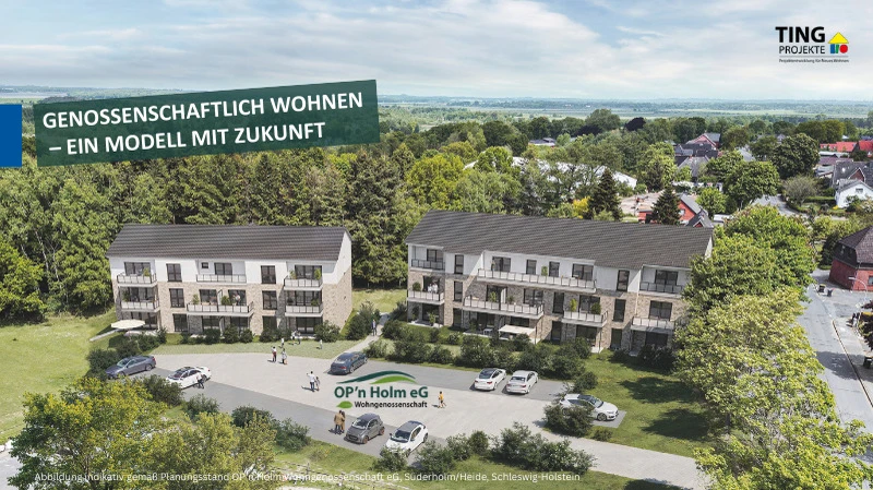 Blick auf zwei moderne Wohngebäude mit vielen Bäumen drumherum