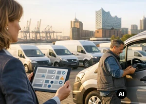 Eine Person hält ein Tablet in der Hand, eine zweite Person steht neben einem Auto und tippt etwas in ihr Handy ein (KI-generiert)