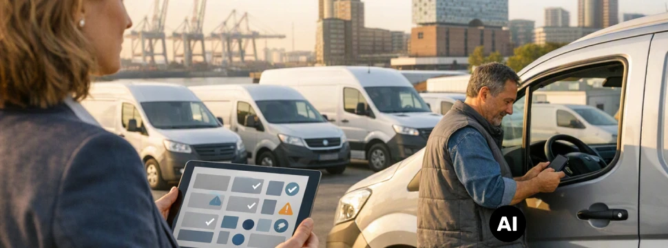 Eine Person hält ein Tablet in der Hand, eine zweite Person steht neben einem Auto und tippt etwas in ihr Handy ein (KI-generiert)