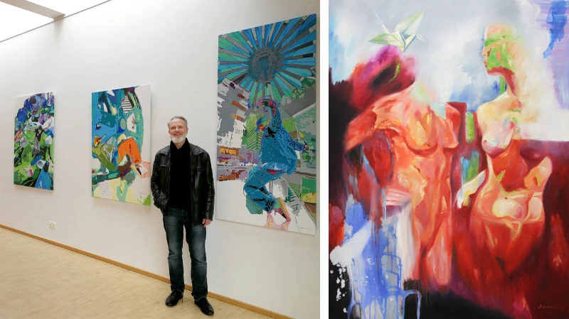 Links ein Portrait von Uwe Fehrmann vor einer Galeriewand und rechts ein Gemälde mit zwei abstrakten Körpern von Uwe Fehrmann