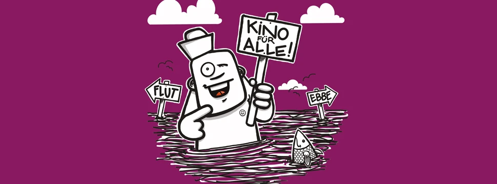 Skizzierte Figur die ein Schild hoch hält das Kino für Alle beschreibt