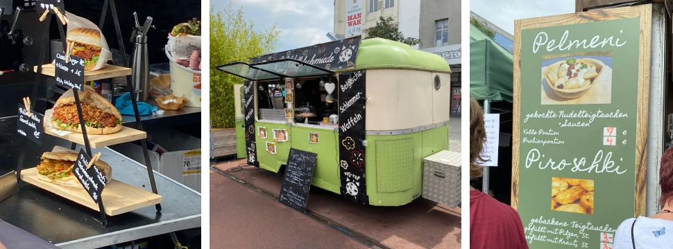 Collage: Vietnamesische Buns, Waffel-Foodtruck, Pelmeni-Angebotsschild