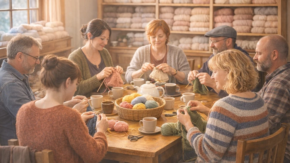 Mehrere Menschen sitzen beim Stricken in einem Wollladen an einem Tisch.