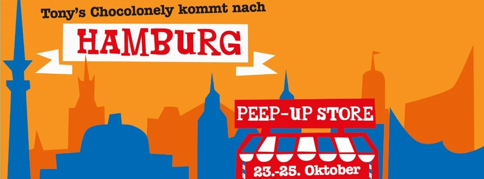 orange blaues Plakat mit Werbung für den Tony's Chocolonely Peep Up Store