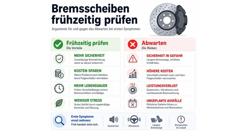 Ein Bild, das auf die Vorteile des Untersuchens von Bremsscheiben hinweist und dabei auch auf Risiken eingeht