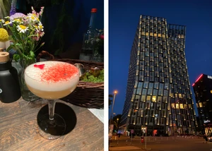 Collage aus zwei Bildern mit eiem Cocktails und den Tanzenden Türmen