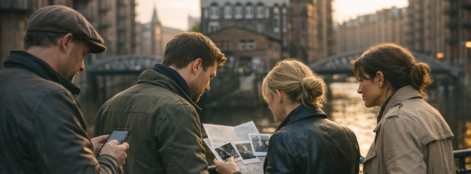 vier Personen bei einem Outdoor Escape Game in der Speicherstadt