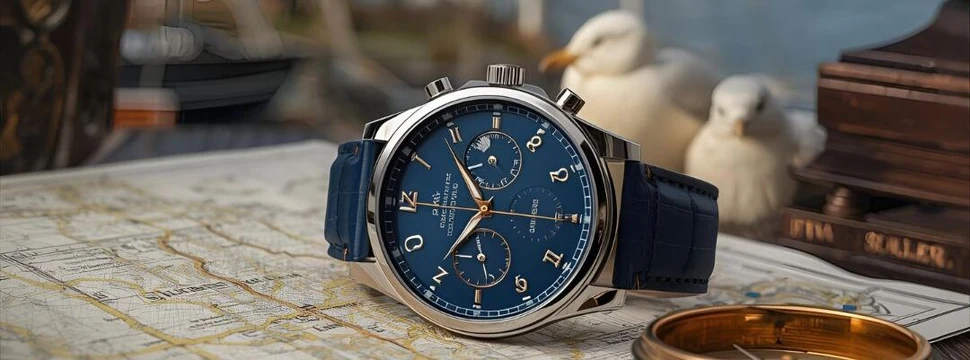 Eine Armbanduhr liegt auf einer Seekarte vor dem Hintergrund eines Hafens mit Möwe