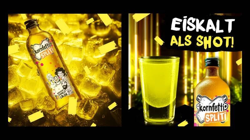 eine Flasche Kornfetti Spliti auf Eis, daneben noch eine Flasche und ein gefülltes Glas