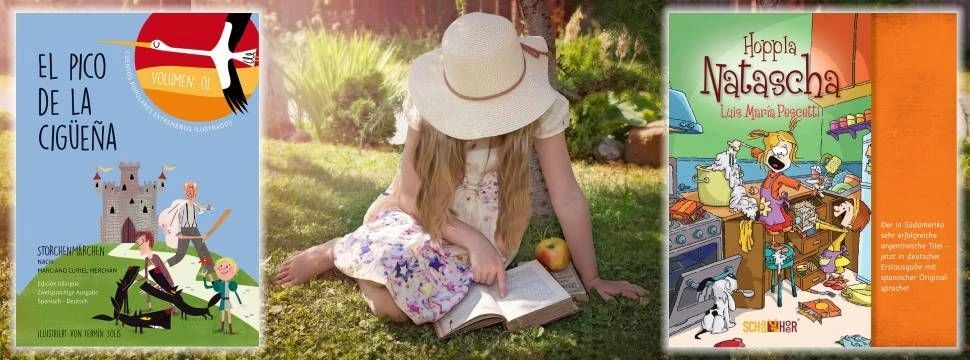 ein Mädchen im Kleid mit Sonnenhut sitzt auf einer Wiese und liest ein Buch, daneben zwei Buchcover von Kinderbüchern