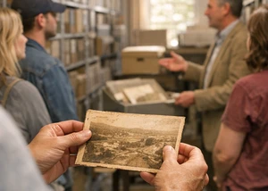 zwei Hände halten eine alte Fotografie , Hintergrund ein Archiv und weitere Menschen