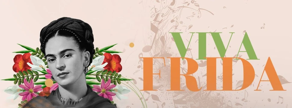schwarz-weiß Bild von Frida Kahlo mit dem Schriftzug VIVA FRIDA
