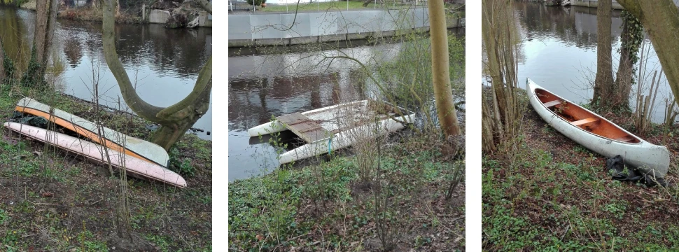 Verschiedene Wassersportgeräte wild am Uferrand abgeladen