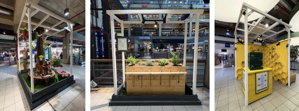 Collage: 1. Station Garten, 2. Station Kräuter, 3. Station Bienen