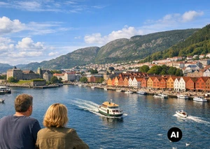 Zwei Personen stehen an einem Geländer und Blicken auf den Hafen in Bergen herunter (KI-generiert)