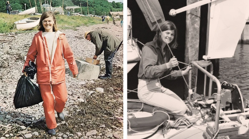 Links: Nicolette Milnes Walker mit einem Müllsack am Strand, rechts: Nicolette hockt auf der Aziz