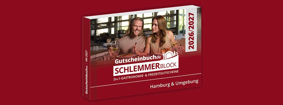 Gutscheinbuch Schlemmerblock 2026/2027 Hamburg mit Paar beim Anstoßen im Restaurant auf rotem Hintergrund