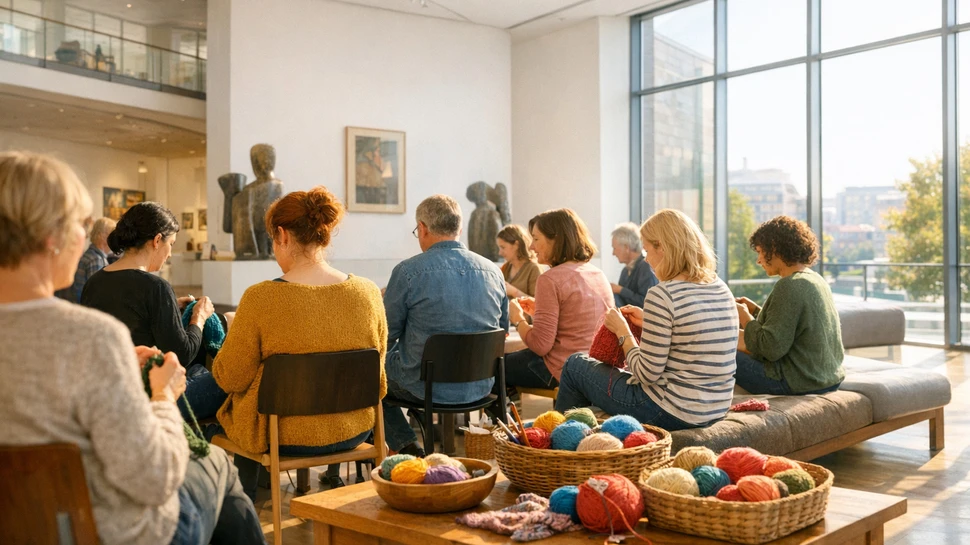 Mehrere Menschen sitzen auf Stühlen im Museum und Häkeln oder Stricken