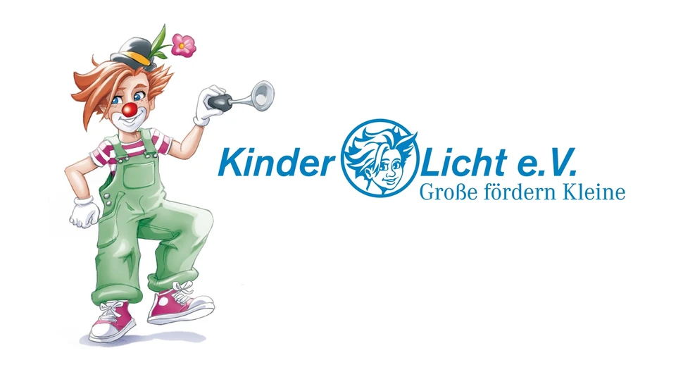 Ein Plakat mit einem Clown drauf, zu lesen: KinderLicht e.V. Große fördern Kleine