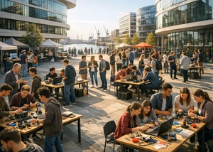 Mehrere junge Menschen sitzen an Tischen in der Hafencity