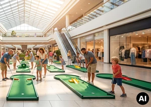 Mehrere Personen spielen Minigolf im Einkaufszentrum (KI-generiert)