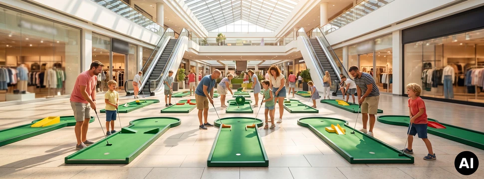 Mehrere Personen spielen Minigolf im Einkaufszentrum (KI-generiert)