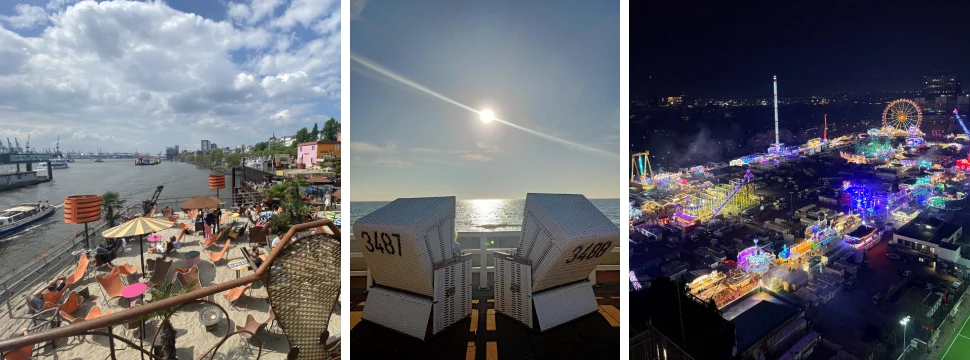 v.l.n.r: StrandPauli an der Elbe, Strandkörbe auf Sylt am Meer, Hamburger Dom bei Nacht vom Hochbunker aus gesehen