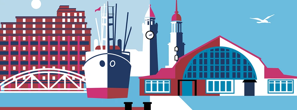 Tag des offenen Denkmals Stilisierte Hafenstadt-Illustration mit Schiff, Uhrenturm, modernen Gebäuden und Brücke in leuchtenden Farben.