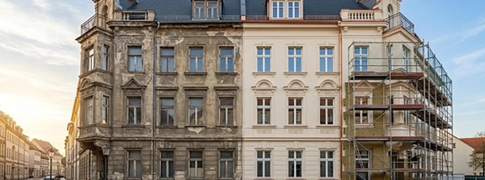 Historisches Gebäude mit sanierten und unsanierter Fassade