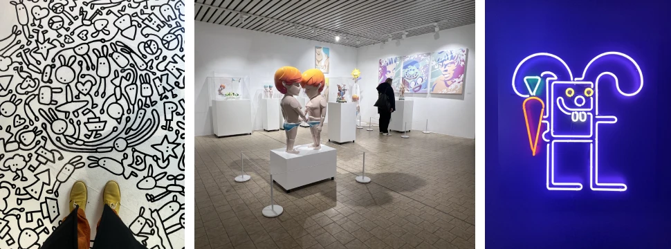 Collage: Raumgestaltung von maens, Affenfaust Galerie, Neonkunstwerk von Doppeldenk