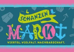 Bunter Schriftzug Schanzenmarkt auf blauem Hintergrund