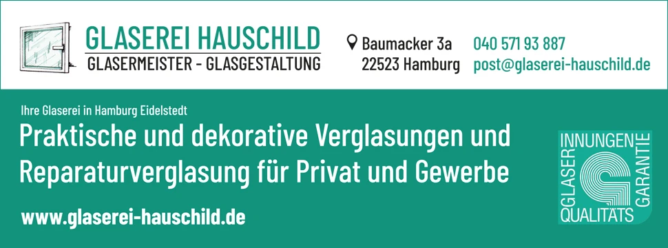 Werbeanzeige der Glaserei Hauschild Hamburg mit Logo, Kontaktdaten und Leistungsübersicht für Verglasung.