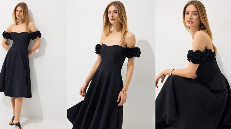 Eine Frau in einem dunklen Kleid, die in verschiedenen Positionen das Kleid für Fotos zeigt