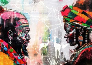 Zwei gezeichnete Menschen mit einer bunten Kopfbedeckung auf einer Leinwand