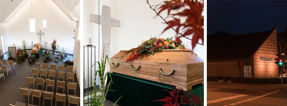 Moderne Bestattungskultur in verschiedenen Facetten der Trauerbegleitung. Drei Ansichten von Bestattungsräumen: Trauerhalle, Sarg mit Blumen und beleuchtete Kapelle.