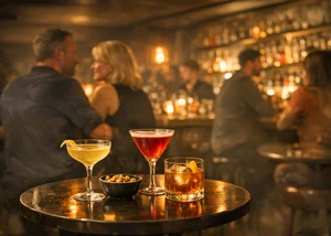 drei Gläser mit Cocktails und eine Schale Nüsse auf einem runden Tisch