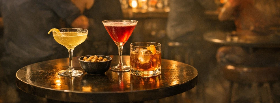 drei Gläser mit Cocktails und eine Schale Nüsse auf einem runden Tisch