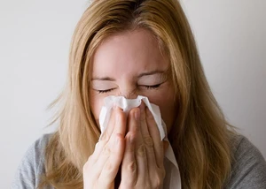 Niesende Frau, die sich ein Taschentuch vor die Nase hält